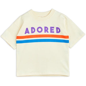 Mini Rodini - off white t-shirt with Adored print and red and blue stripe
