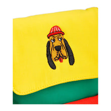 Load image into Gallery viewer, Mini Rodini - Colour block small messenger bag in yellow, red, green and blue with bloodhound embroidery
