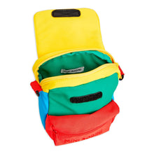 Load image into Gallery viewer, Mini Rodini - Colour block small messenger bag in yellow, red, green and blue with bloodhound embroidery
