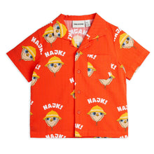 Load image into Gallery viewer, Mini Rodini - red woven shirt with all over bird print and &#39;Hajk!&#39; motif in white
