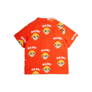 Mini Rodini - red woven shirt with all over bird print and 'Hajk!' motif in white