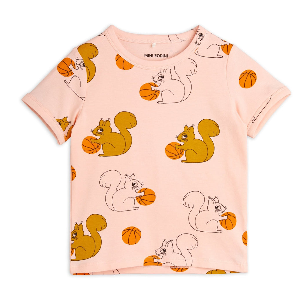 Mini Rodini - pink t-shirt with all over squirrel and basketball print