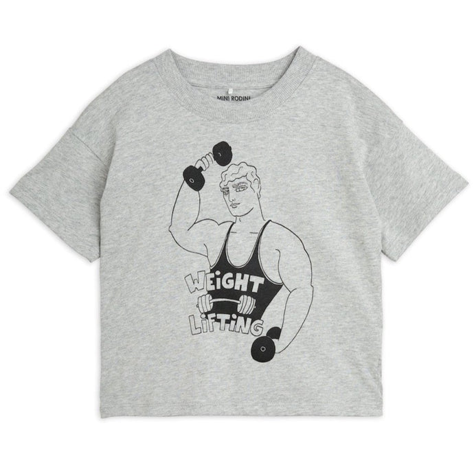 Mini Rodini grey melange t-shirt with weight lifting print in black