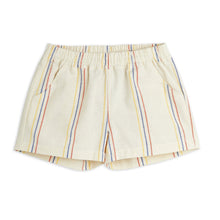 Load image into Gallery viewer, Mini Rodini - cream woven shorts with red, yellow and blue fine pinstripe
