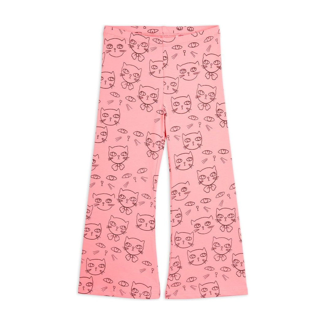 Mini Rodini pink flared trousers with all over cat print 
