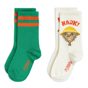 Mini Rodini - 2-pack children's socks. green with red stripe and cream with bird print