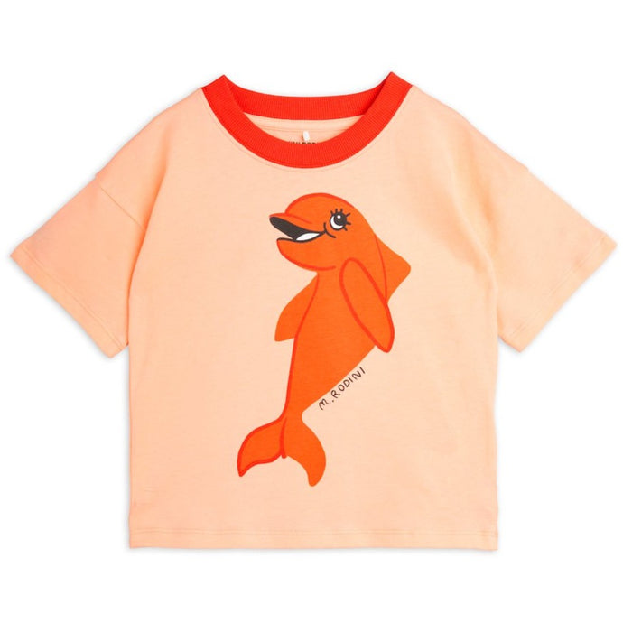 Mini rodini - peach t-shirt with orange dolphin print and red tonal collar