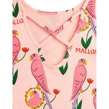 Load image into Gallery viewer, Mini Rodini - pink ballet style top with all over parrot print and cross straps on back

