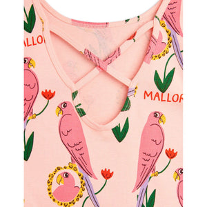 Mini Rodini - pink ballet style top with all over parrot print and cross straps on back