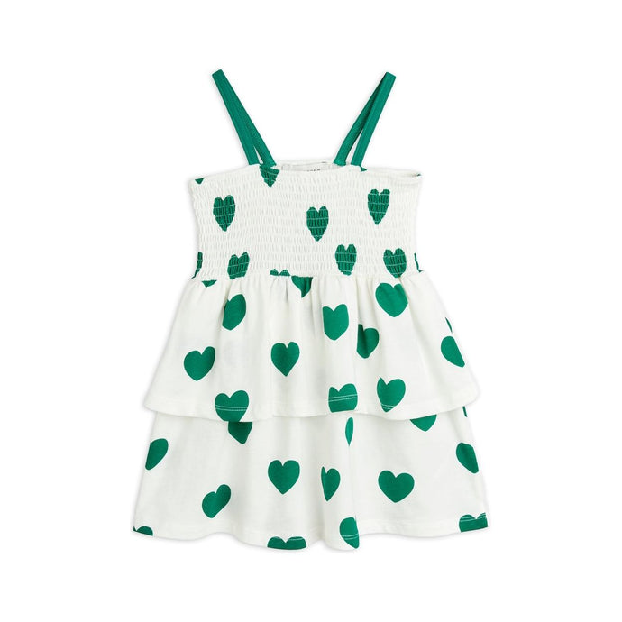 Mini Rodini - white smock dress with green straps and green heart print