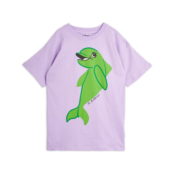 Mini rodini - purple t-shirt dress with green dolphin print