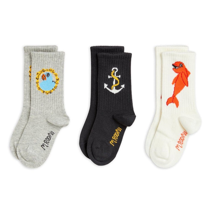 Mini Rodini - 3 pack of socks in grey, black and shite with parrot, anchor and dolphin motifs