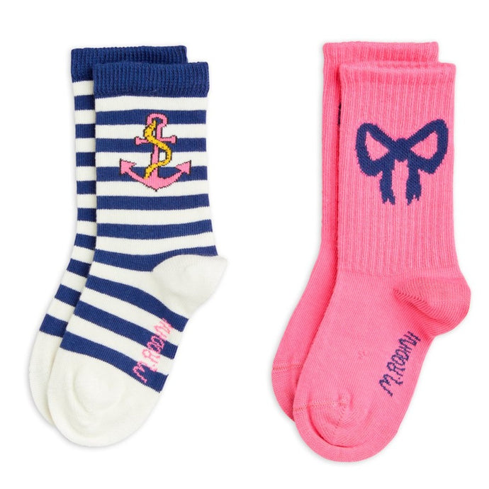 Mini rodini - 2 pacl of socks in blue and white stripe and pink bow