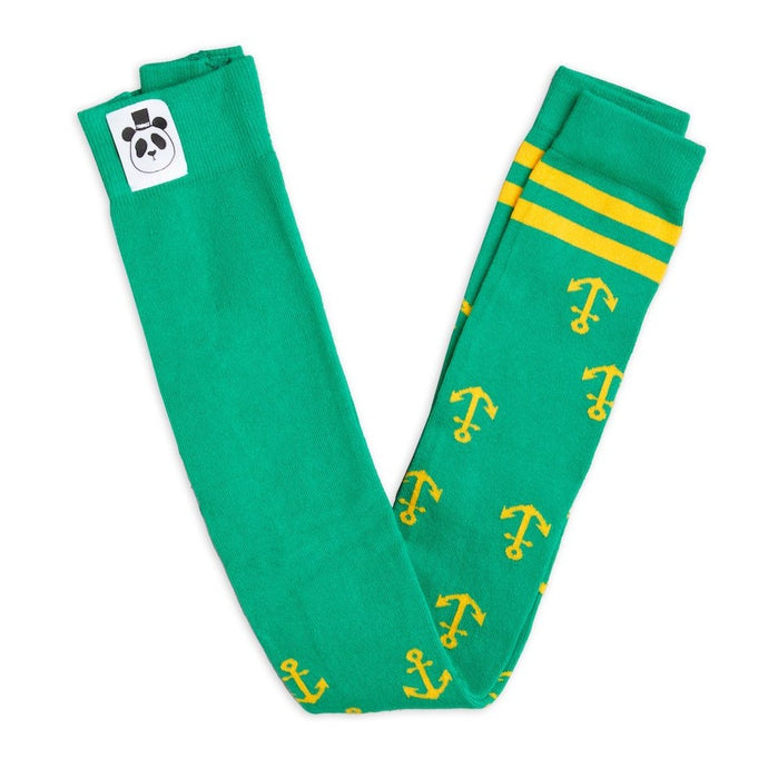 Mini rodini - green knit footless tights with all over anchor motif in yellow