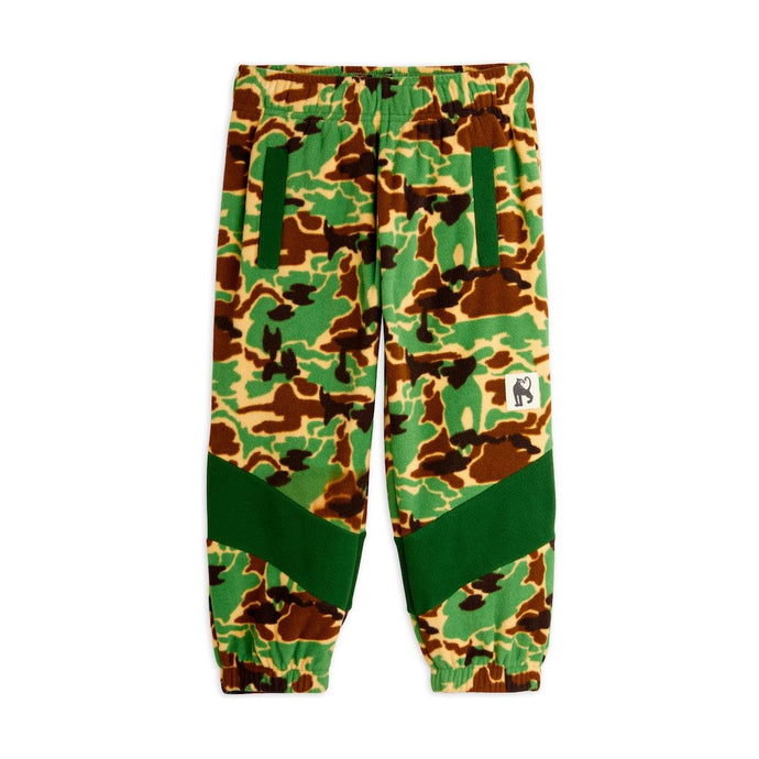 Mini Rodini green camouflage print fleece trousers from the new AW24 collection 'Agatha'