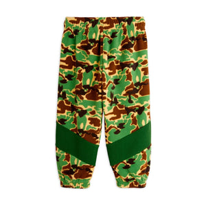 Mini Rodini green camouflage print fleece trousers from the new AW24 collection 'Agatha'