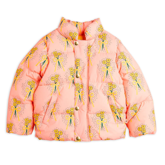 Mini Rodini pink puffer jacker with all over yellow flower print from the new AW24 collection 'Agatha'