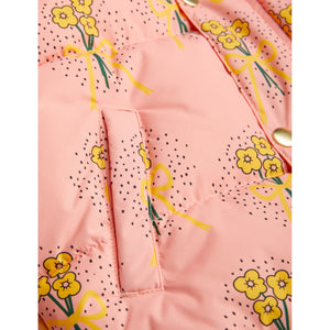 Mini Rodini pink puffer jacker with all over yellow flower print from the new AW24 collection 'Agatha'