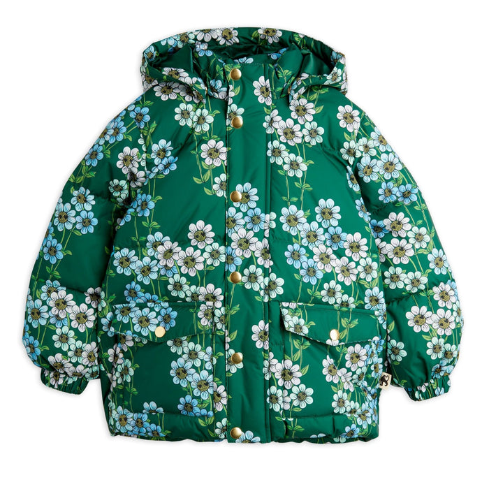 Mini Rodini green puffer jacker with all over blue and white daisy flower print from the new AW24 collection 'Agatha'