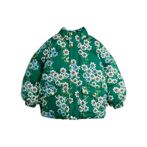 Mini Rodini green puffer jacker with all over blue and white daisy flower print from the new AW24 collection 'Agatha'