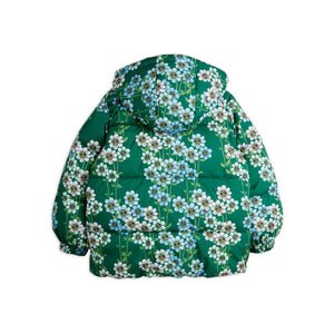 Mini Rodini green puffer jacker with all over blue and white daisy flower print from the new AW24 collection 'Agatha'