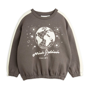 Mini Rodini grey sweatshirt with globe and Mini Rodini Society print in white from the new AW24 collection 'Agatha'