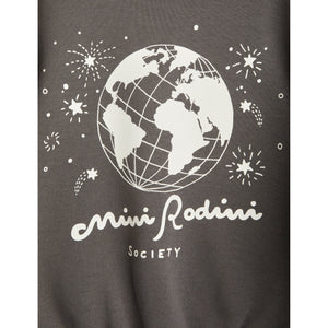 Mini Rodini grey sweatshirt with globe and Mini Rodini Society print in white from the new AW24 collection 'Agatha'