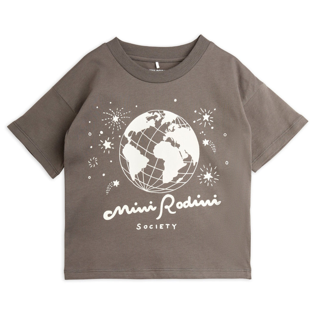 Mini Rodini grey t-shirt with globe and Mini Rodini Society print in white from the new AW24 collection 'Agatha'