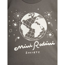 Load image into Gallery viewer, Mini Rodini grey t-shirt with globe and Mini Rodini Society print in white from the new AW24 collection &#39;Agatha&#39;
