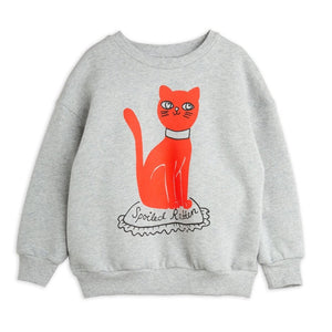 Mini Rodini grey melange sweatshirt with red cat print on the front and backn from the new AW24 collection 'Agatha'