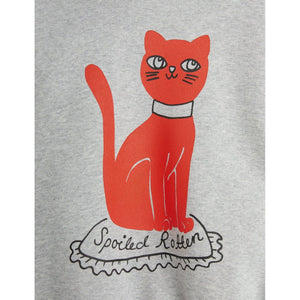 Mini Rodini grey melange sweatshirt with red cat print on the front and backn from the new AW24 collection 'Agatha'