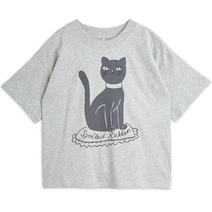 Mini Rodini grey t-shirt with black cat print from the new AW24 collection 'Agatha'