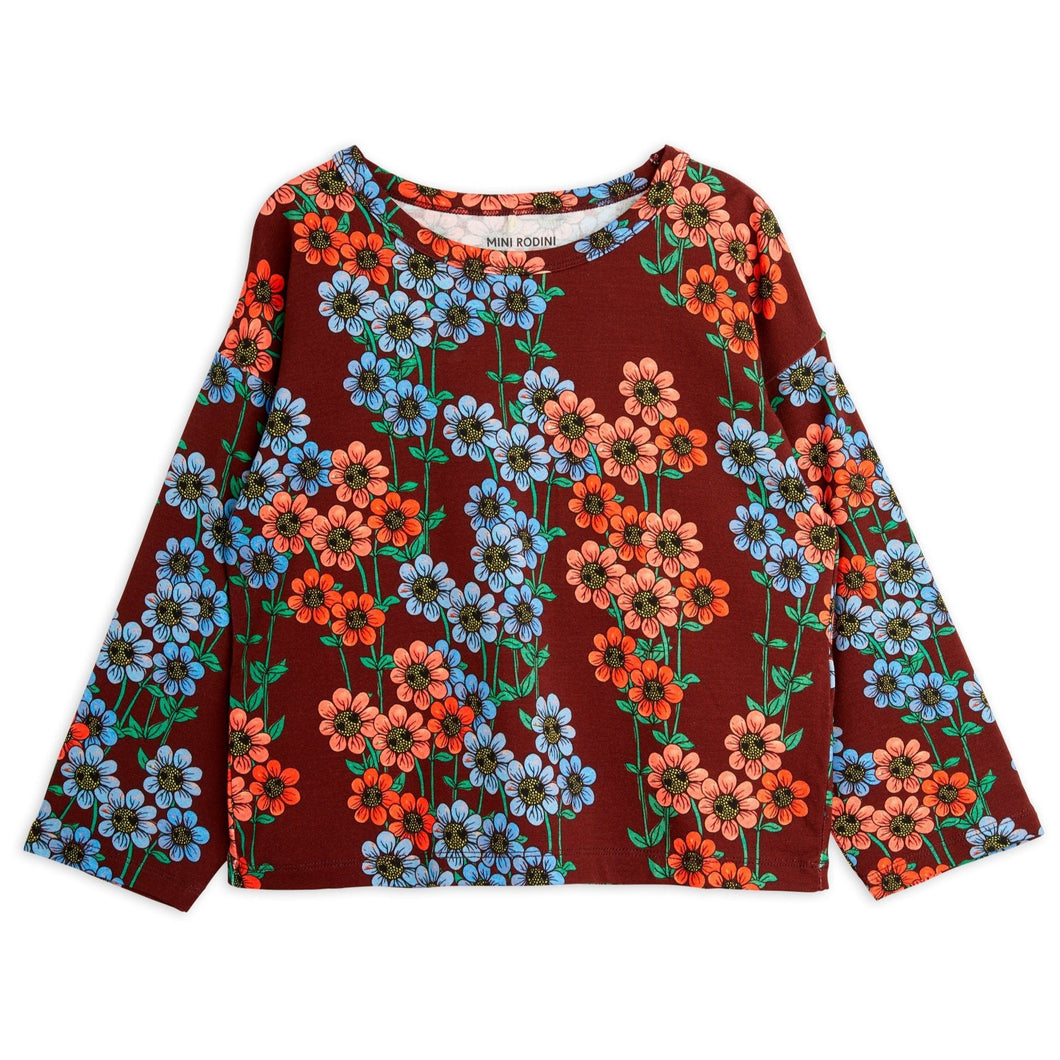 Mini Rodini burgundy long sleeve t-shirt with all over red and blue daisy print from the new AW24 collection 'Agatha'