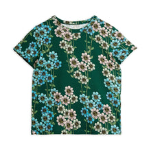 Load image into Gallery viewer, Mini Rodini dark green t-shirt with all over blue and pink daisy print from the new AW24 collection &#39;Agatha&#39;
