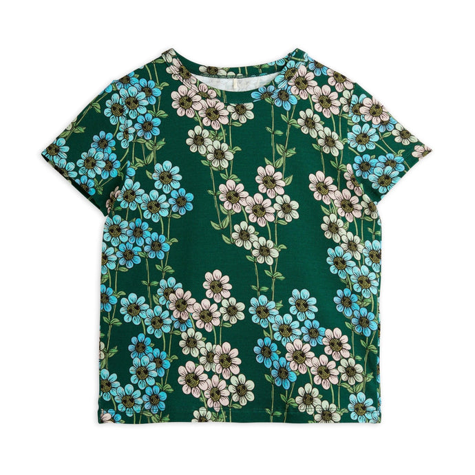 Mini Rodini dark green t-shirt with all over blue and pink daisy print from the new AW24 collection 'Agatha'