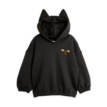 Load image into Gallery viewer, Mini Rodini black hooded sweatshirt with embroidered cat face motif on chest from the new AW24 collection &#39;Agatha&#39;
