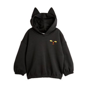 Mini Rodini black hooded sweatshirt with embroidered cat face motif on chest from the new AW24 collection 'Agatha'