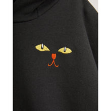 Load image into Gallery viewer, Mini Rodini black hooded sweatshirt with embroidered cat face motif on chest from the new AW24 collection &#39;Agatha&#39;
