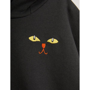 Mini Rodini black hooded sweatshirt with embroidered cat face motif on chest from the new AW24 collection 'Agatha'