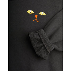 Mini Rodini black hooded sweatshirt with embroidered cat face motif on chest from the new AW24 collection 'Agatha'