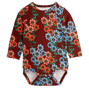 Mini Rodini burgundy long sleeve baby bodysuit with all over red and blue daisy print from the new AW24 collection 'Agatha'