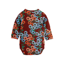 Load image into Gallery viewer, Mini Rodini burgundy long sleeve baby bodysuit with all over red and blue daisy print from the new AW24 collection &#39;Agatha&#39;
