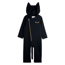 Load image into Gallery viewer, Mini Rodini black hooded onesie with embroidered cat face motif on the chest from the new AW24 collection &#39;Agatha&#39;
