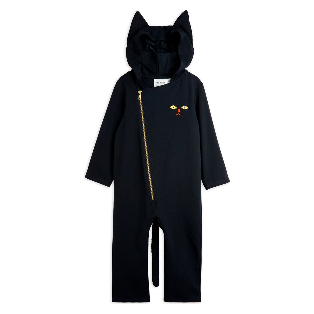 Mini Rodini black hooded onesie with embroidered cat face motif on the chest from the new AW24 collection 'Agatha'