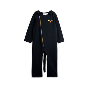 Mini Rodini black hooded onesie with embroidered cat face motif on the chest from the new AW24 collection 'Agatha'