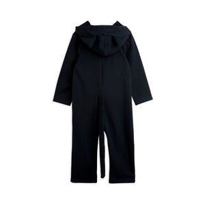 Mini Rodini black hooded onesie with embroidered cat face motif on the chest from the new AW24 collection 'Agatha'