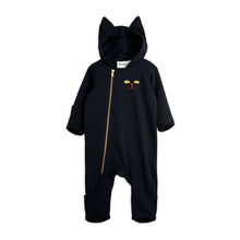 Load image into Gallery viewer, Mini Rodini black hooded baby onesie with embroidered cat face motif on the chest from the new AW24 collection &#39;Agatha&#39;
