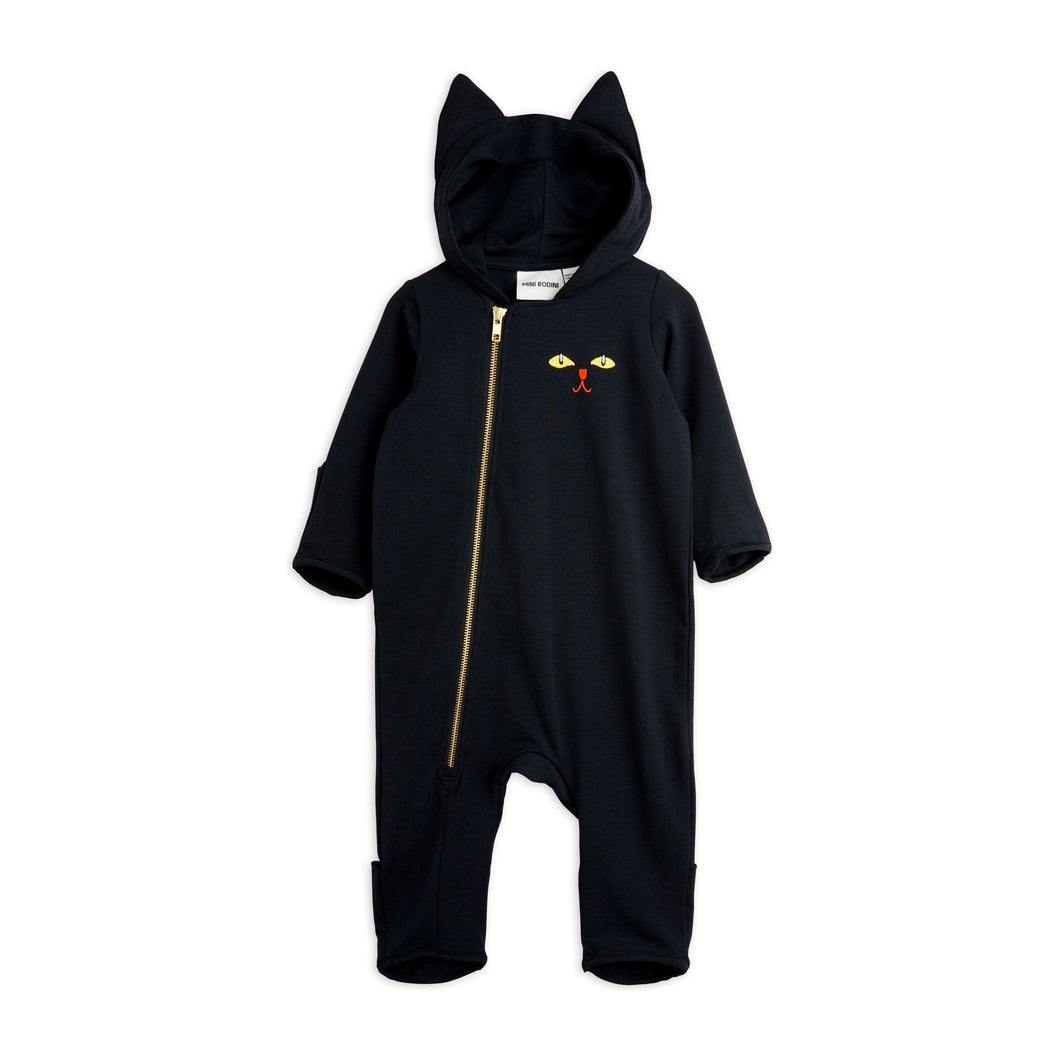 Mini Rodini black hooded baby onesie with embroidered cat face motif on the chest from the new AW24 collection 'Agatha'