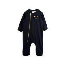 Load image into Gallery viewer, Mini Rodini black hooded baby onesie with embroidered cat face motif on the chest from the new AW24 collection &#39;Agatha&#39;
