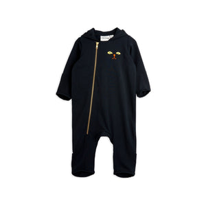 Mini Rodini black hooded baby onesie with embroidered cat face motif on the chest from the new AW24 collection 'Agatha'